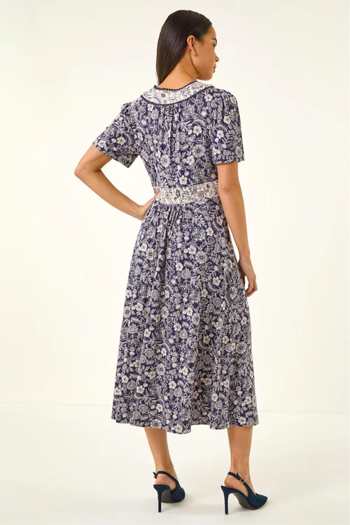 Roman Navy Petite Contrast Floral Stretch Dress - 16 Image 3