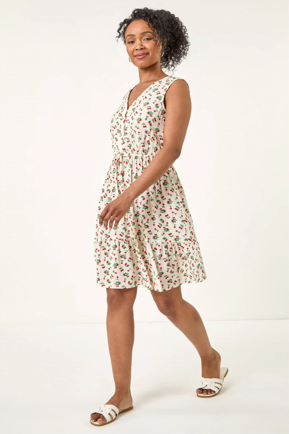 Roman Ivory Petite Cherry Tie Waist Dress - 12 Image 2