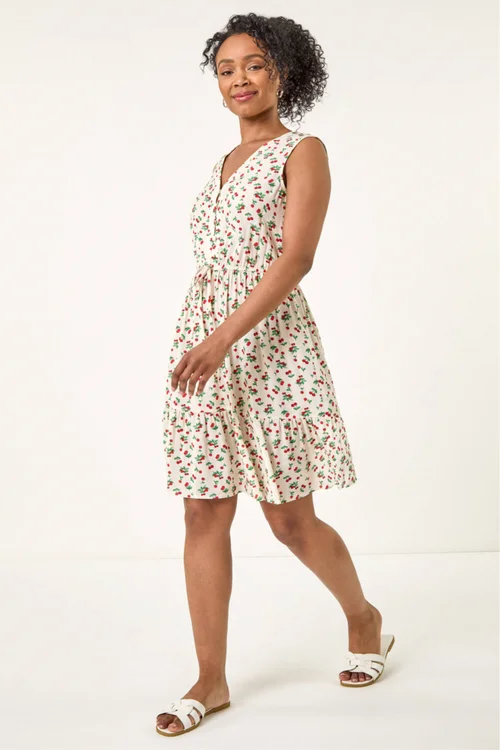 Roman Ivory Petite Cherry Tie Waist Dress - 12 Image 2