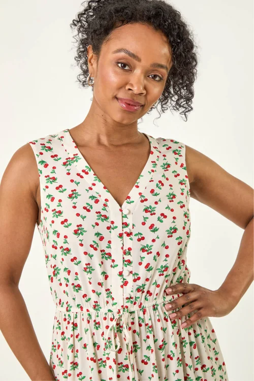 Roman Ivory Petite Cherry Tie Waist Dress - 12 Image 4