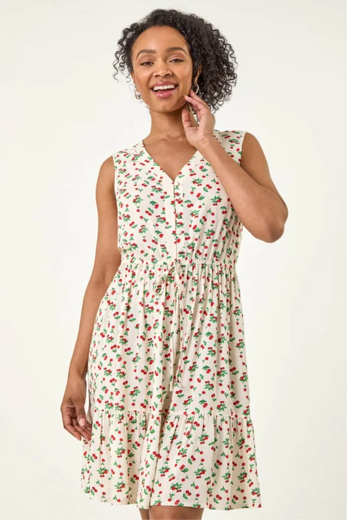Roman Ivory Petite Cherry Tie Waist Dress - 12 Image 1