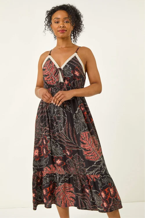 Roman Black Petite Abstract Leaf Crochet Trim Dress - 10 Image 2