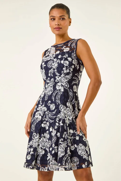 Roman Navy Floral Print Lace Stretch Dress - 16 Image 1