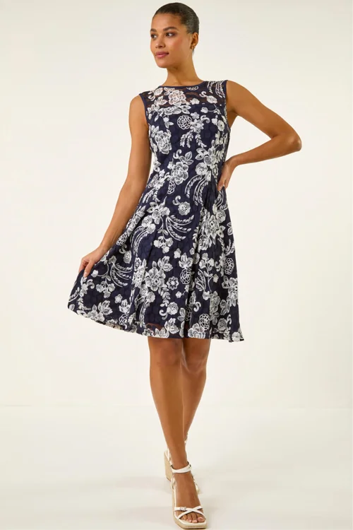 Roman Navy Floral Print Lace Stretch Dress - 16 Image 2