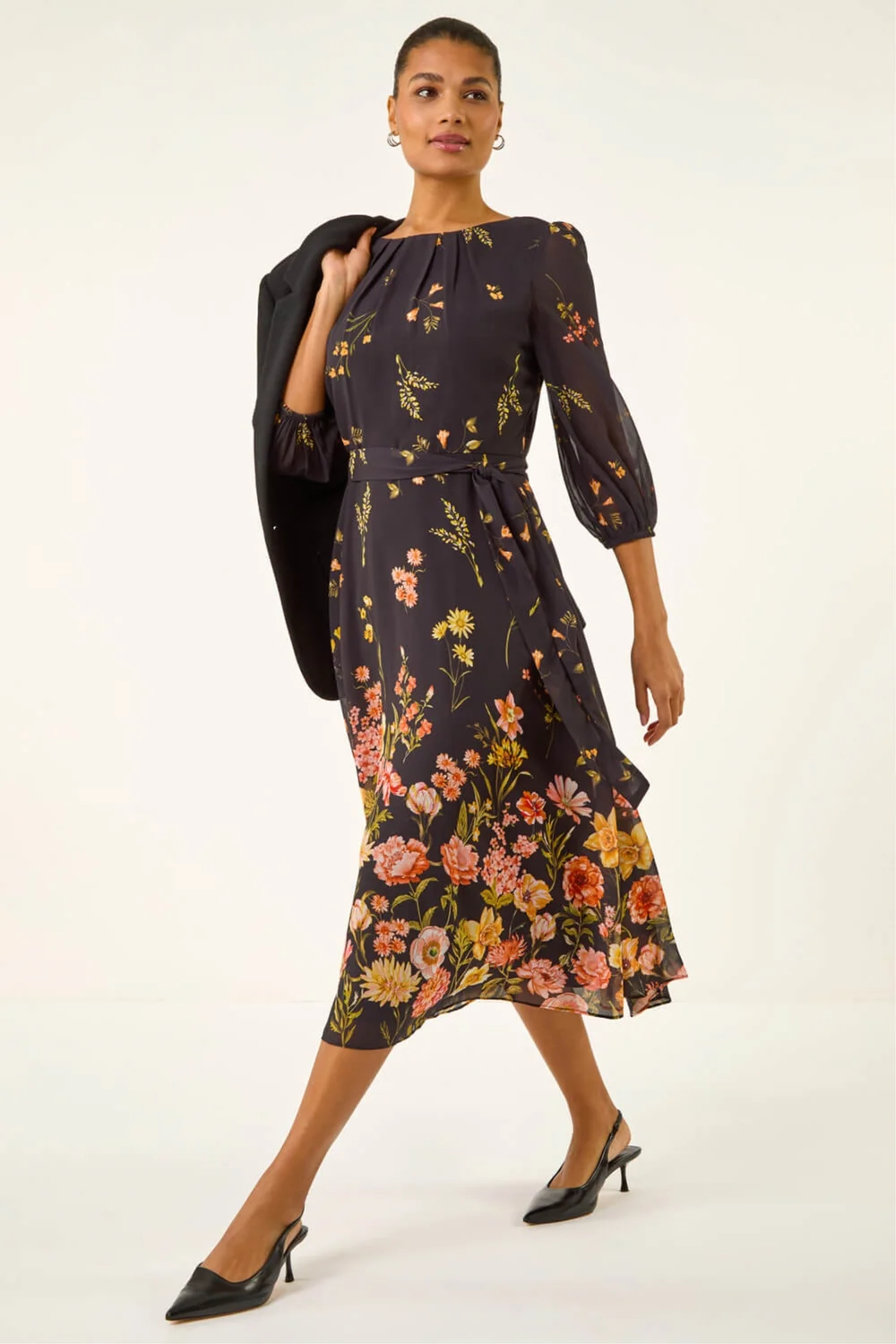 Roman Black Border Print Pleated Midi Dress - 14 Image 1