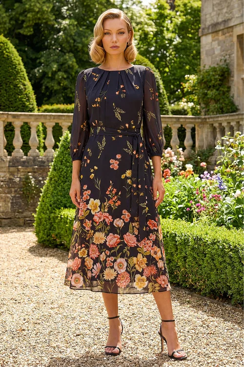 Roman Black Border Print Pleated Midi Dress - 14 Image 1