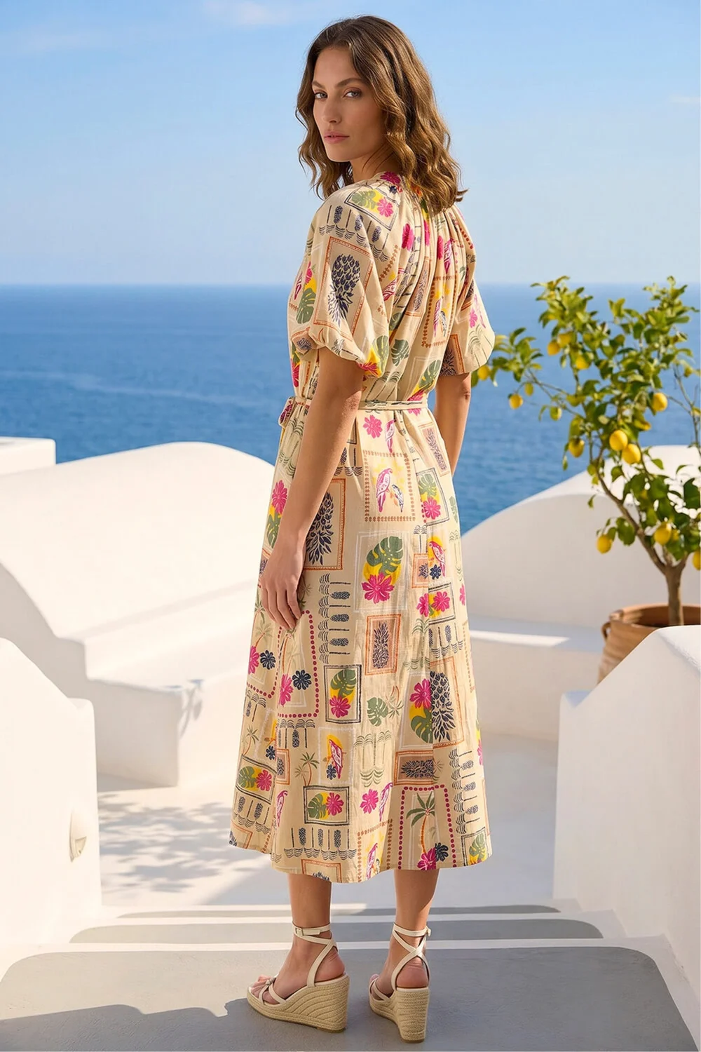 Roman Stone Petite Postcard Tie Waist Midi Dress - 14 Image 3