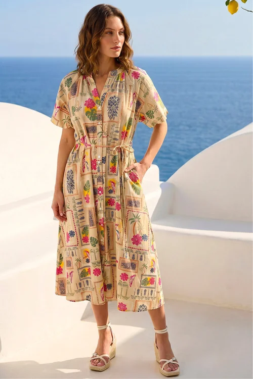 Roman Stone Petite Postcard Tie Waist Midi Dress - 14 Image 1