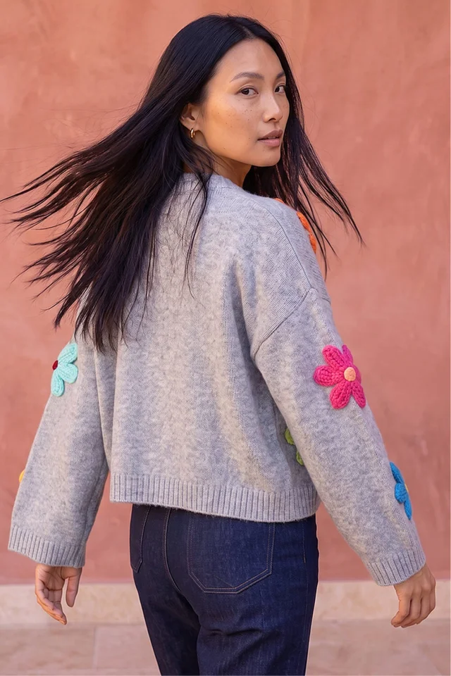 Roman Grey Multi Floral Knit Cardigan