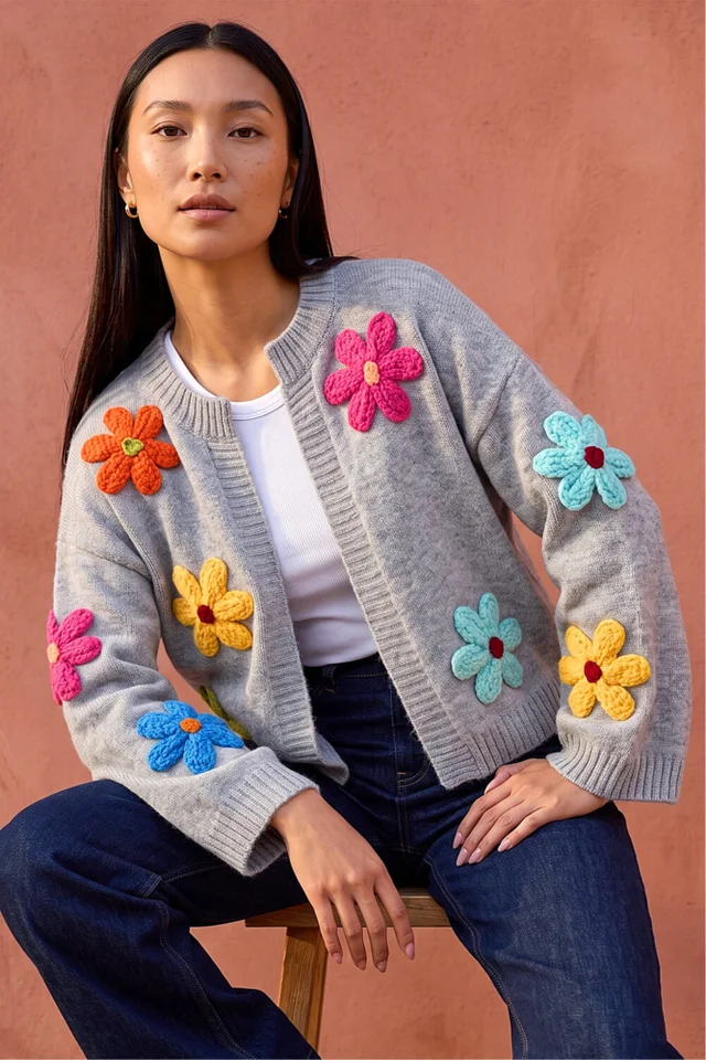 Roman Grey Multi Floral Knit Cardigan