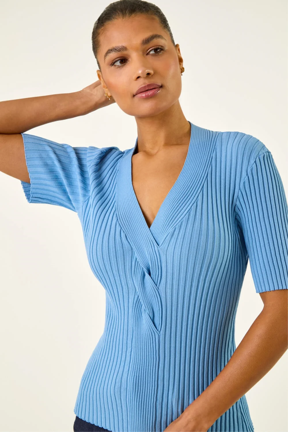 Roman Blue Ribbed V-Neck Cable Knit Jumper - 12 Image 1