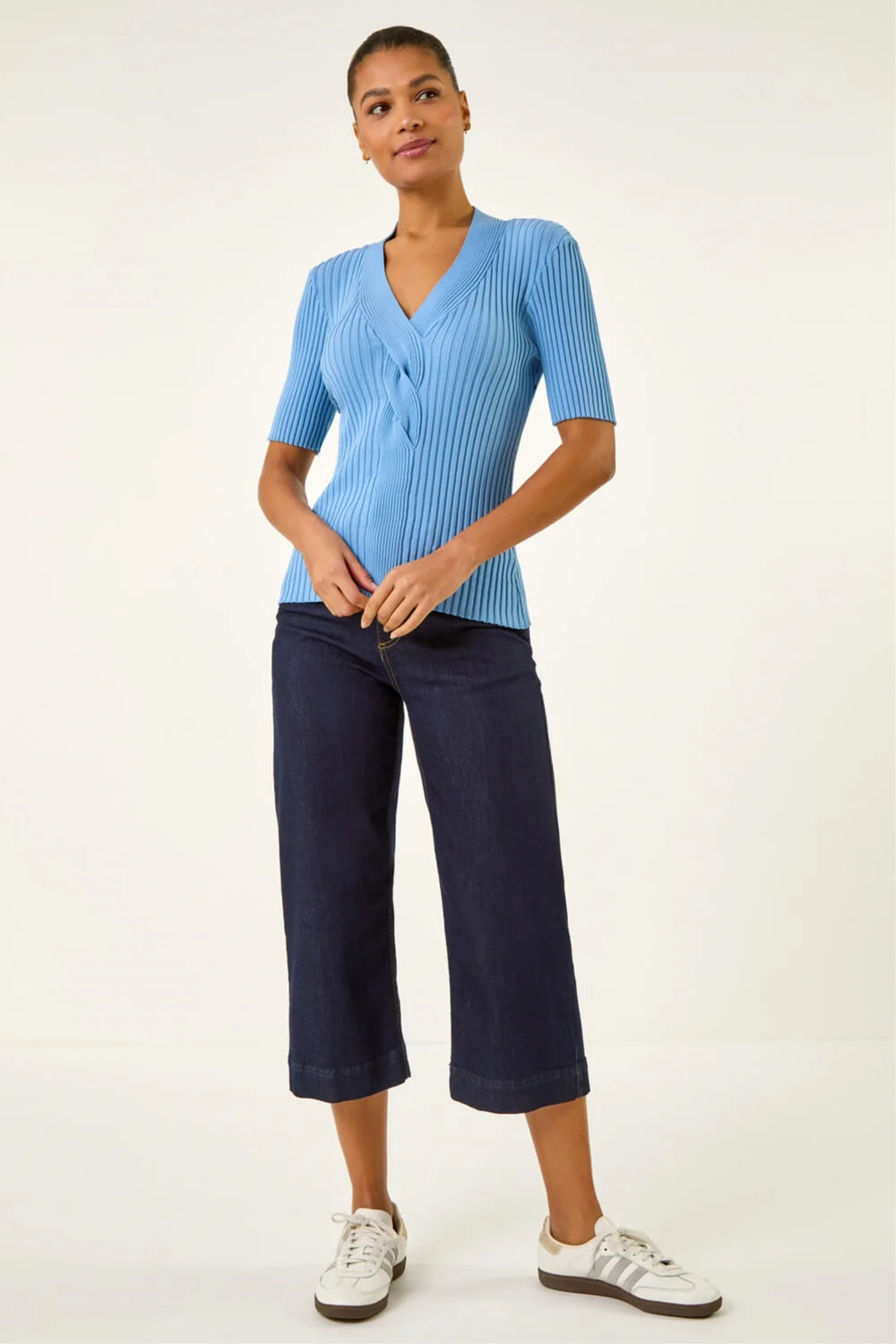 Roman Blue Ribbed V-Neck Cable Knit Jumper - 12 Image 2