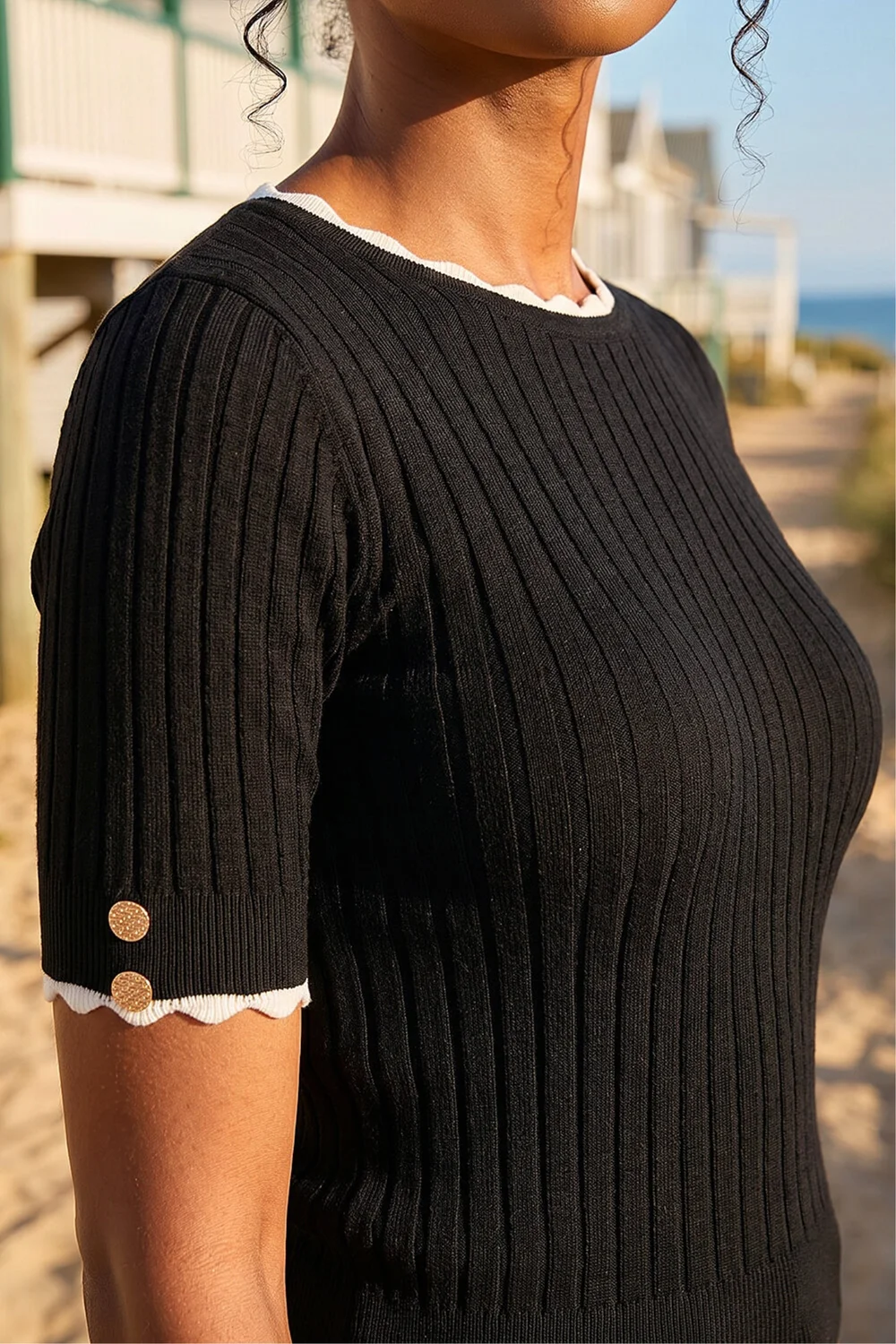 Roman Black Button Detail Ribbed Knit Top - 14 Image 4