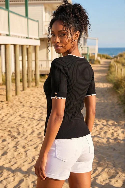 Roman Black Button Detail Ribbed Knit Top - 14 Image 3