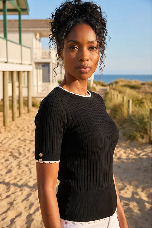 Roman Black Button Detail Ribbed Knit Top - 14 Image 1