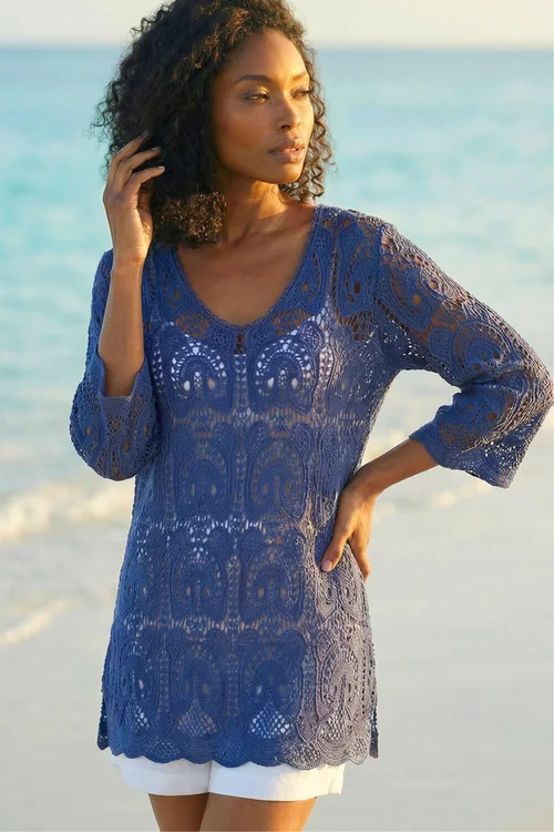 Roman Navy Cotton Crochet Tunic Top - 14 Image 2