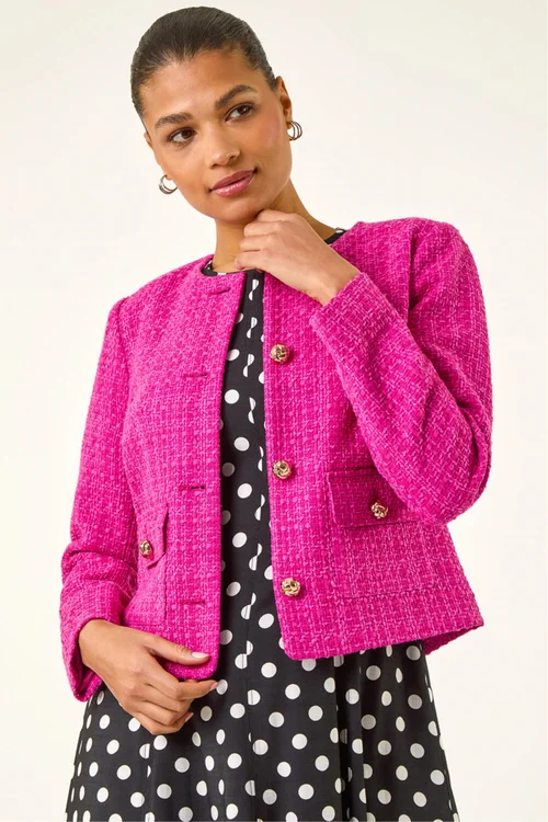 Roman Violet Collarless Buttoned Boucle Jacket - 14 Image 4