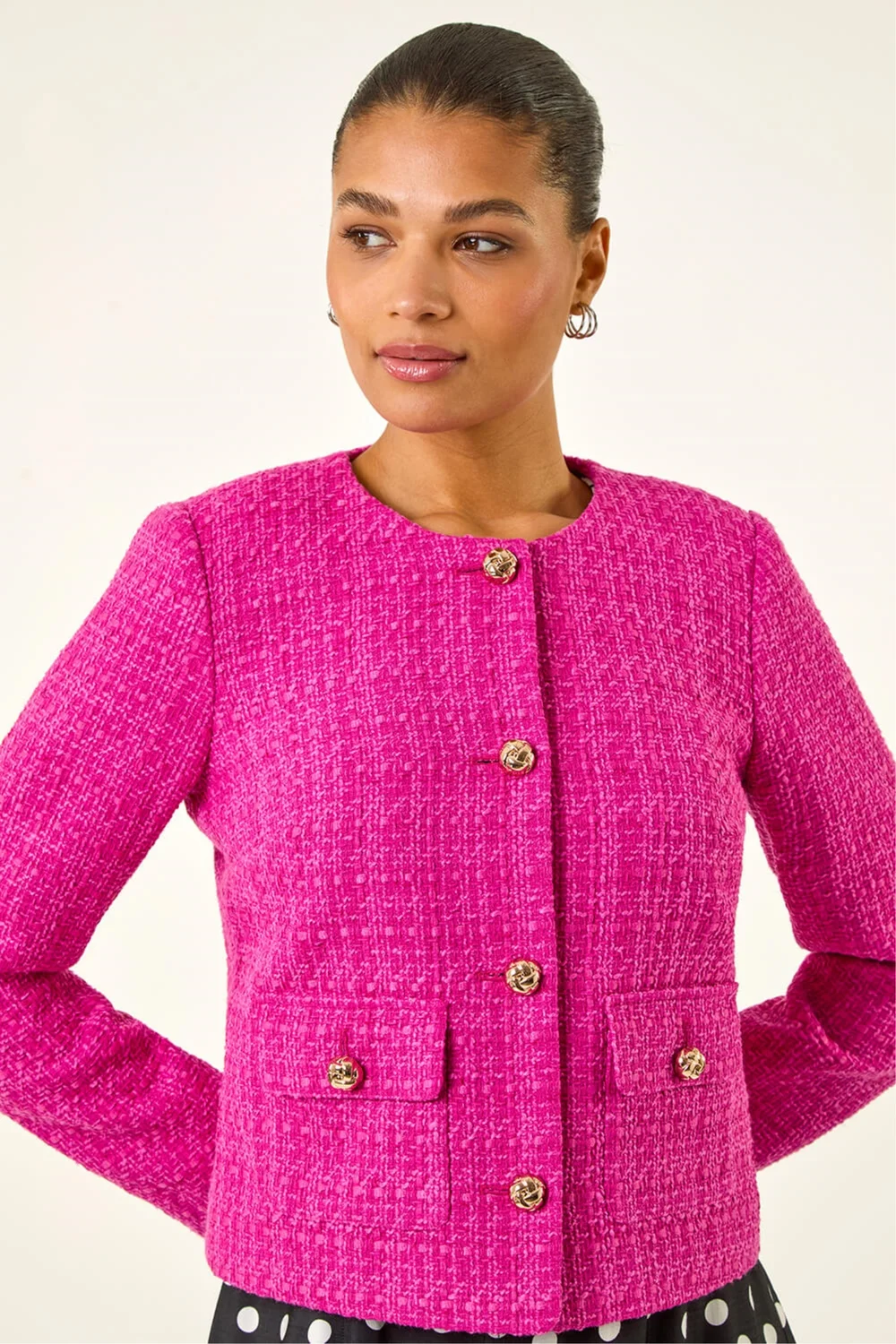 Roman Violet Collarless Buttoned Boucle Jacket - 14 Image 2