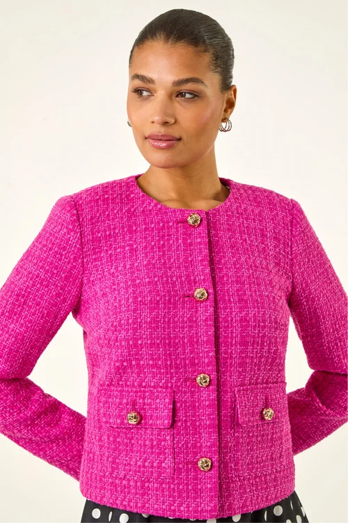 Roman Violet Collarless Buttoned Boucle Jacket - 14 Image 2
