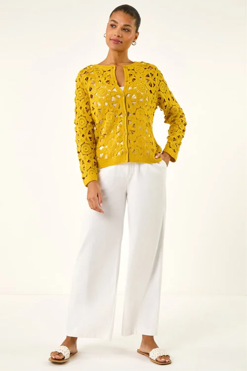 Roman Yellow Crochet Knit Cardigan - L Image 2
