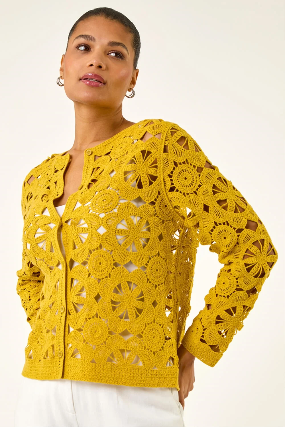 Roman Yellow Crochet Knit Cardigan - L Image 3