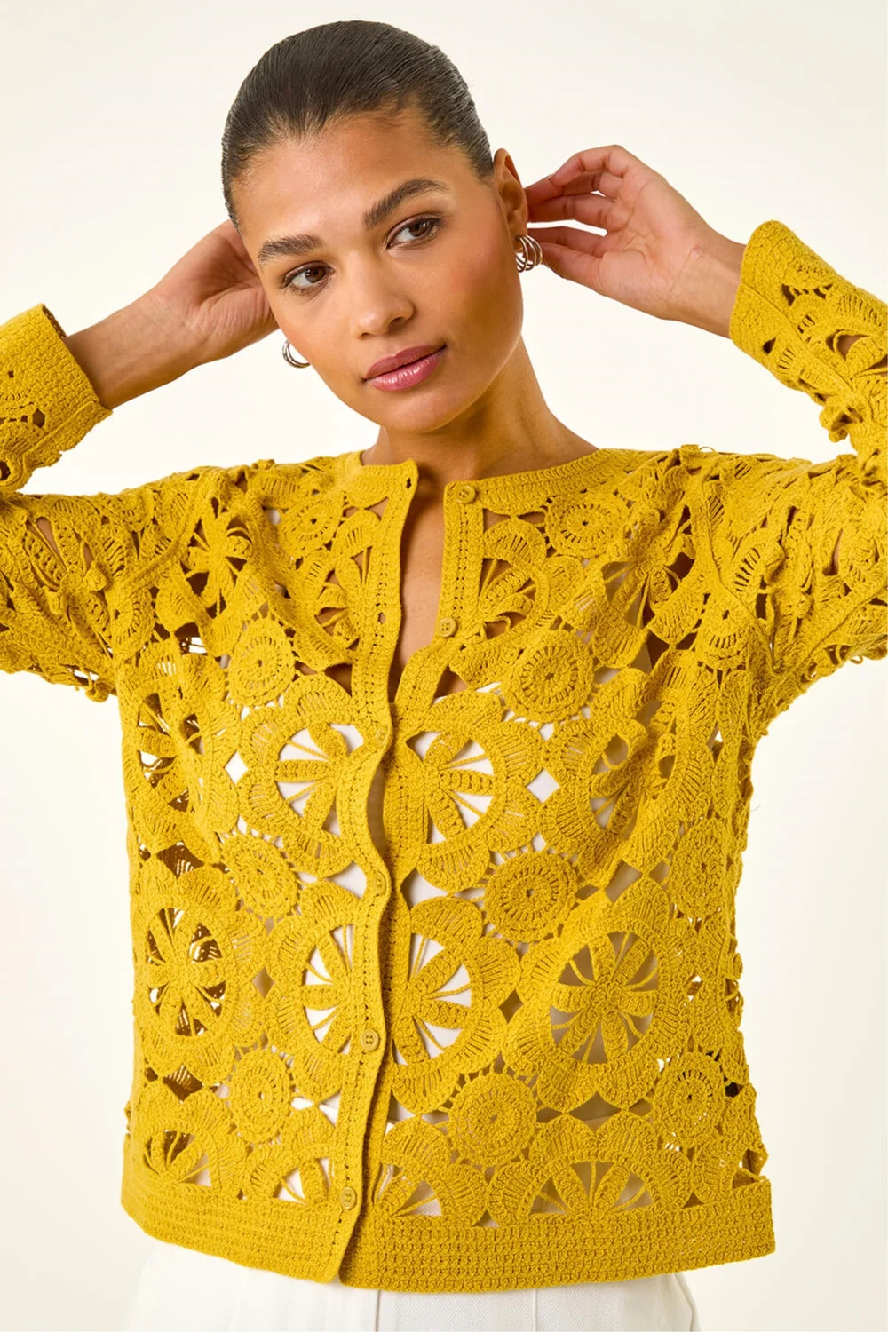 Roman Yellow Crochet Knit Cardigan - L Image 1