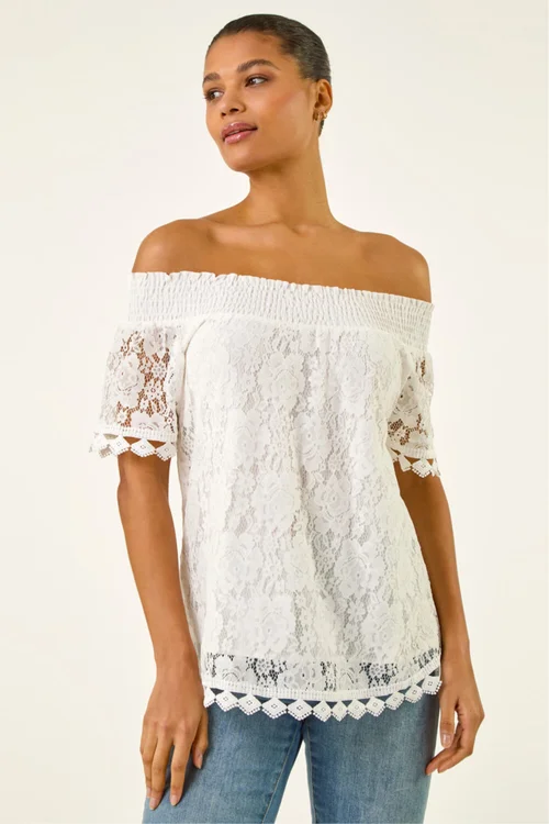 Roman Ivory Lace Detail Bardot Top - 12 Image 1
