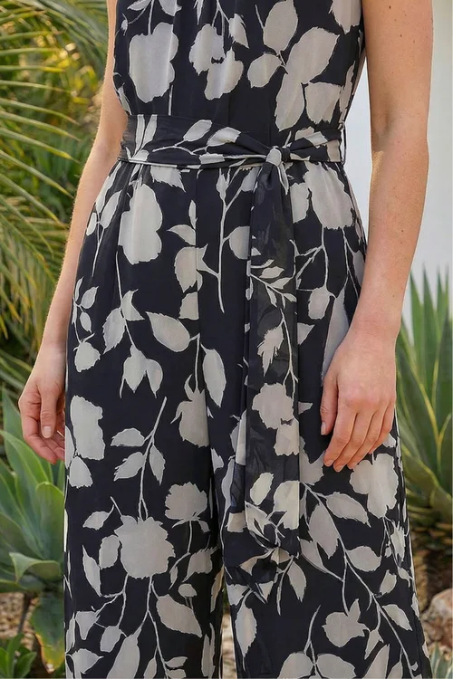 Roman Black Floral Chiffon Belted Jumpsuit - 16 Image 4