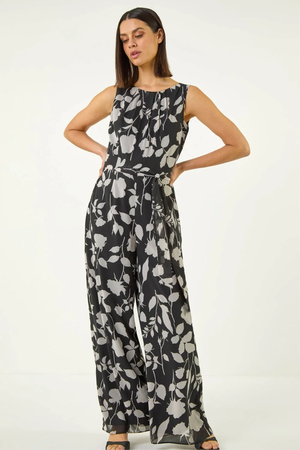 Roman Black Floral Chiffon Belted Jumpsuit - 16 Image 2