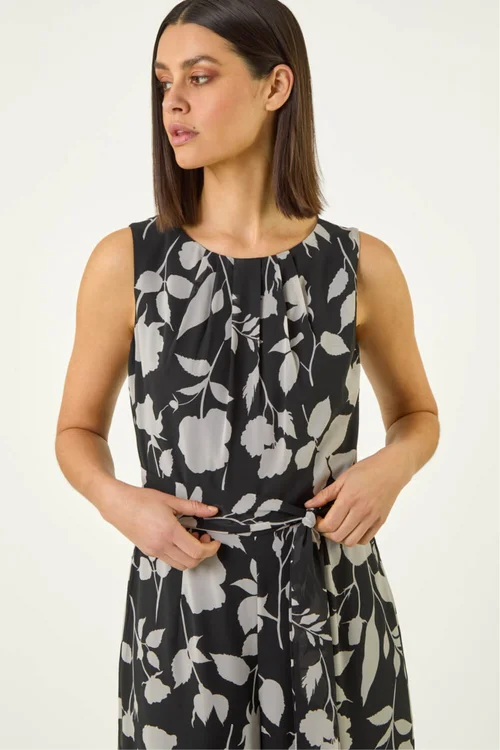 Roman Black Floral Chiffon Belted Jumpsuit - 16 Image 4