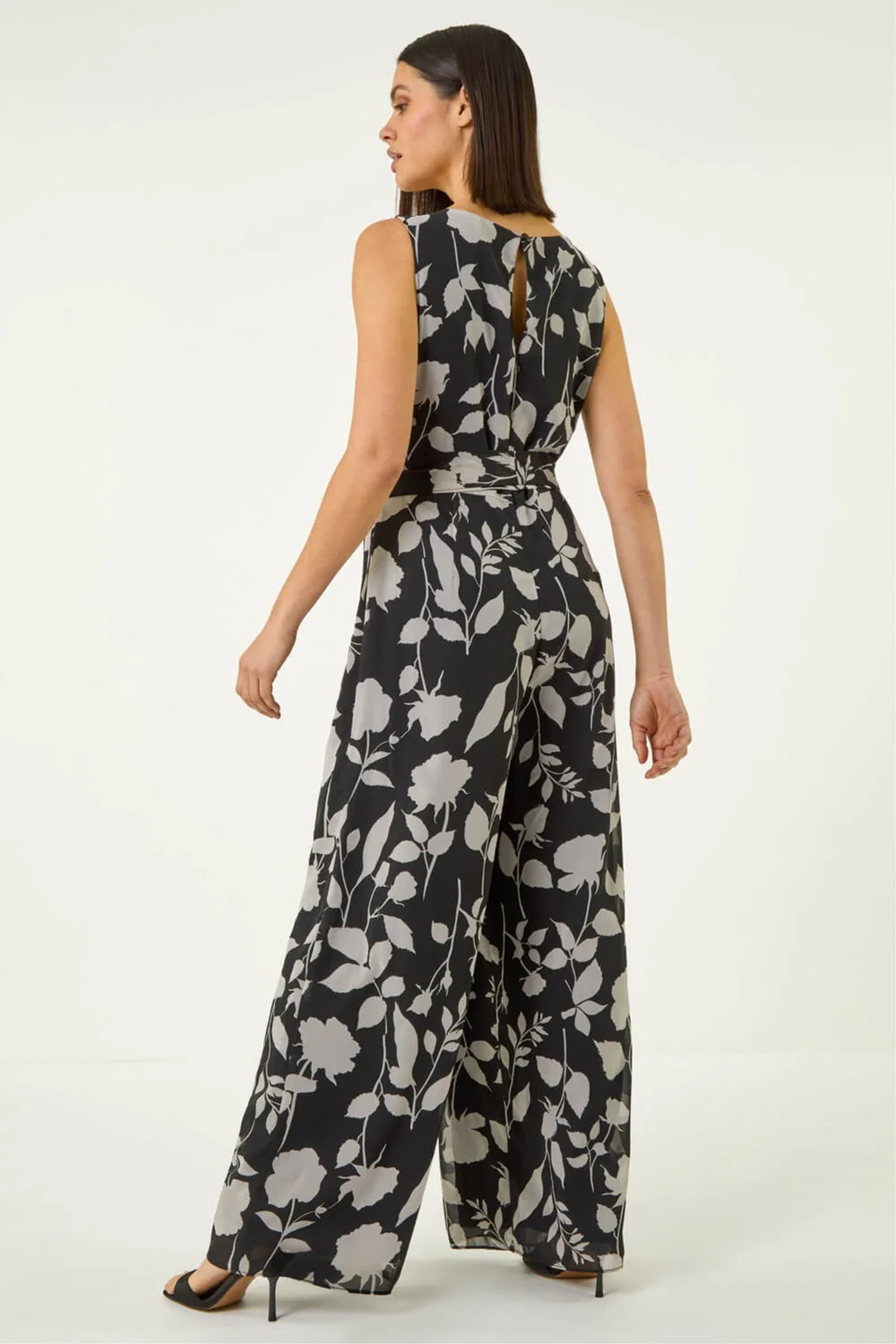 Roman Black Floral Chiffon Belted Jumpsuit - 16 Image 3