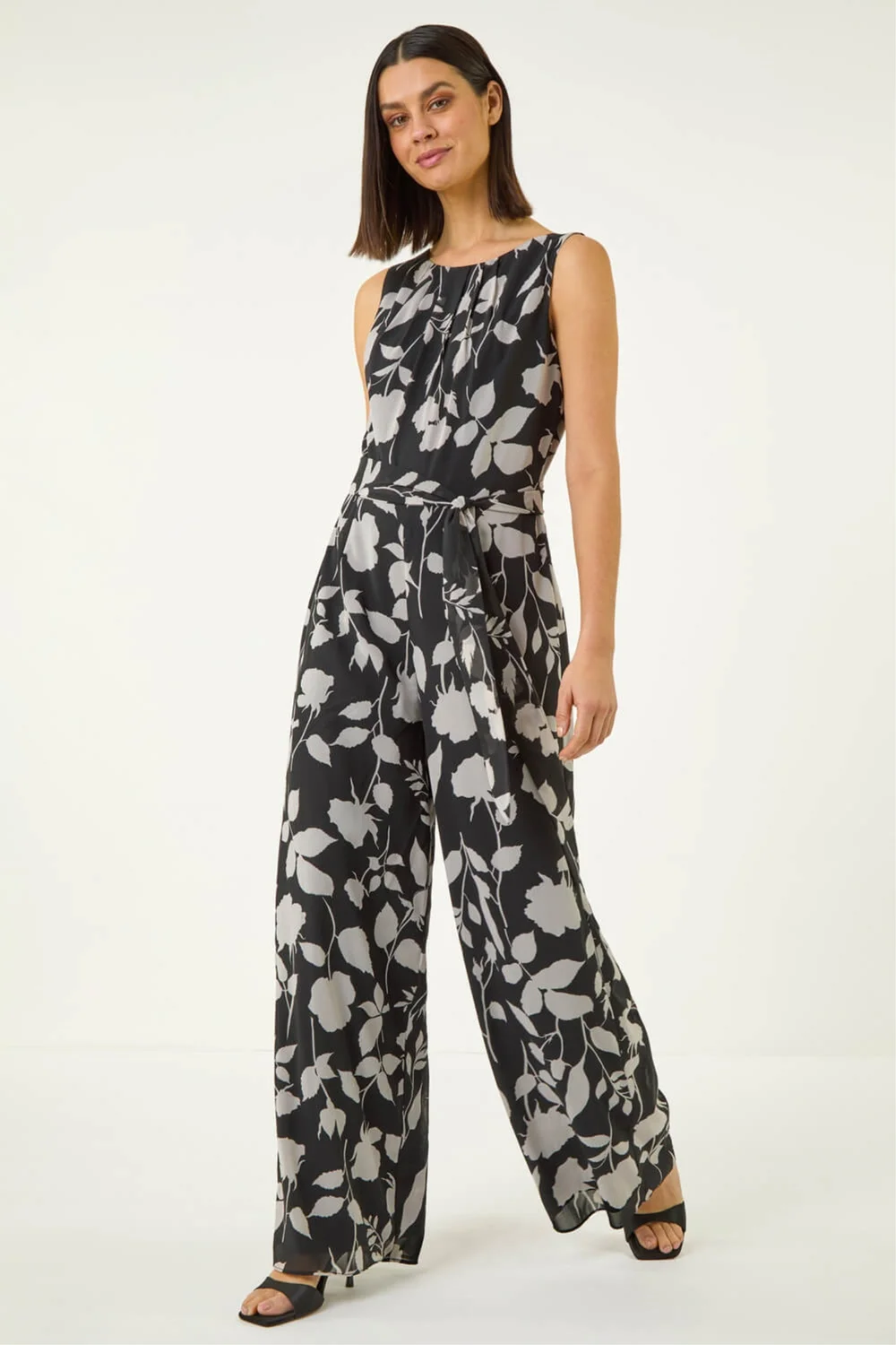 Roman Black Floral Chiffon Belted Jumpsuit - 16 Image 1