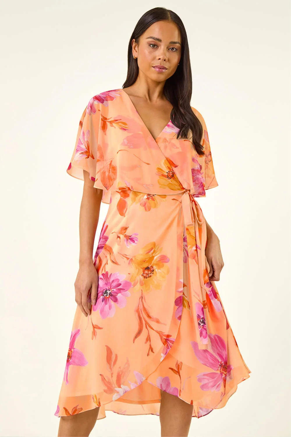 Roman Peach Petite Floral Tie Front Cape Dress - 12 Image 2