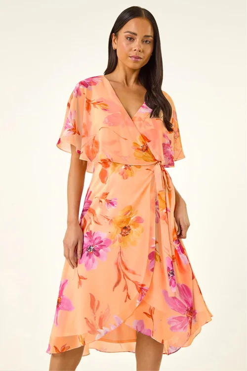 Roman Peach Petite Floral Tie Front Cape Dress - 12 Image 2