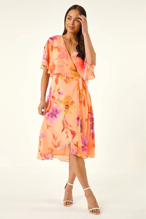 Roman Peach Petite Floral Tie Front Cape Dress - 12 Image 1