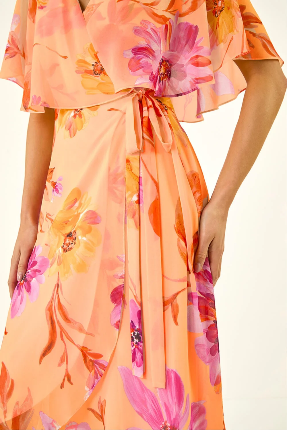 Roman Peach Petite Floral Tie Front Cape Dress - 12 Image 4