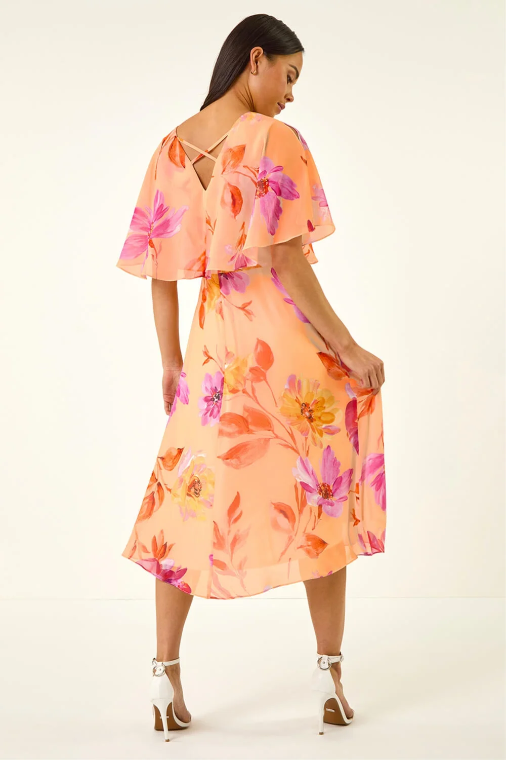 Roman Peach Petite Floral Tie Front Cape Dress - 12 Image 3
