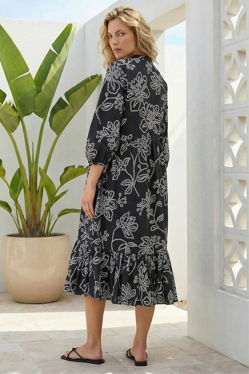 Roman Black Floral Puff Print Buttoned Midi Dress - 12 Image 3