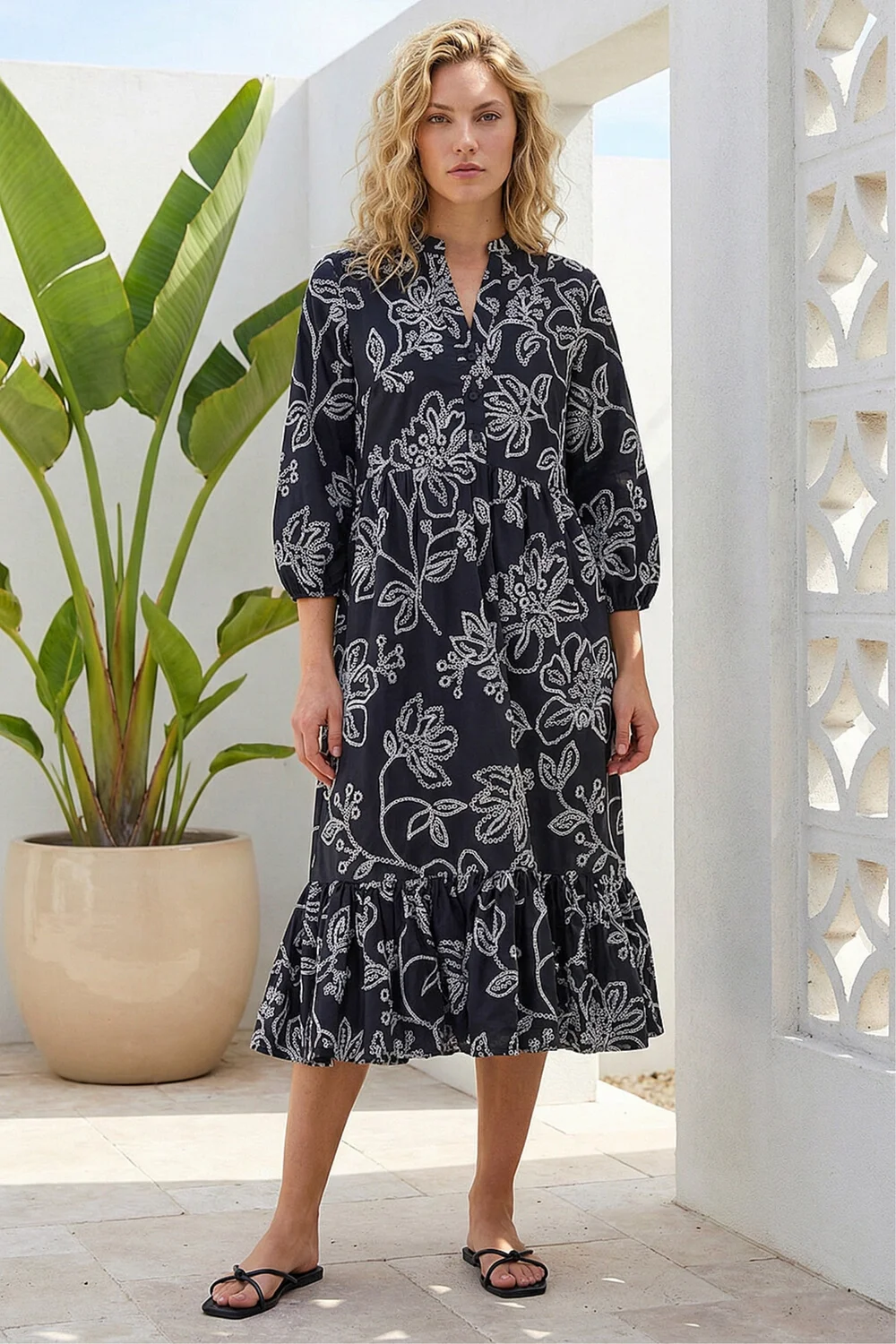 Roman Black Floral Puff Print Buttoned Midi Dress - 12 Image 2