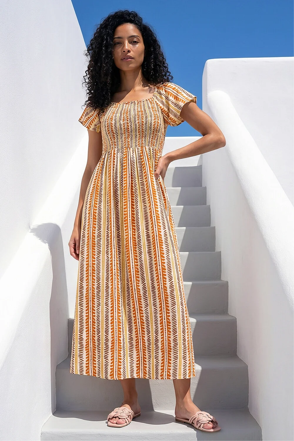 Roman Orange Abstract Stripe Shirred Midi Dress - 20 Image 1