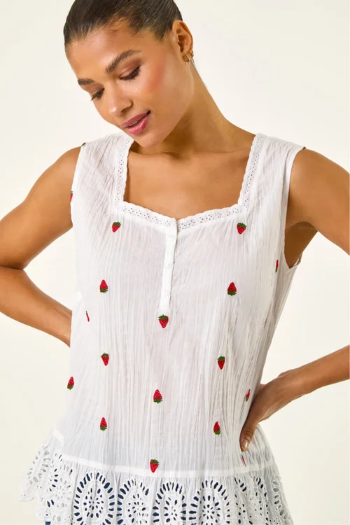 Roman Ivory Strawberry Embroidered Crinkle Vest Top - 20 Image 4