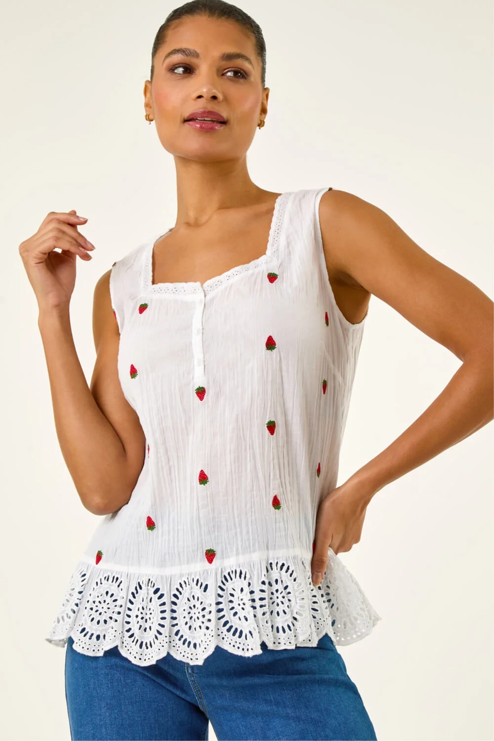 Roman Ivory Strawberry Embroidered Crinkle Vest Top - 20 Image 1