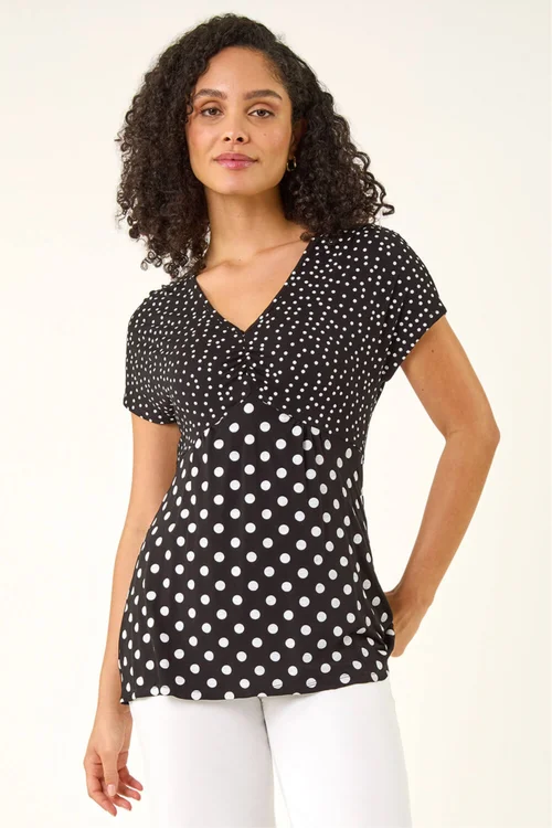 Roman Black Contrast Polka Dot Gathered Top - 20 Image 1