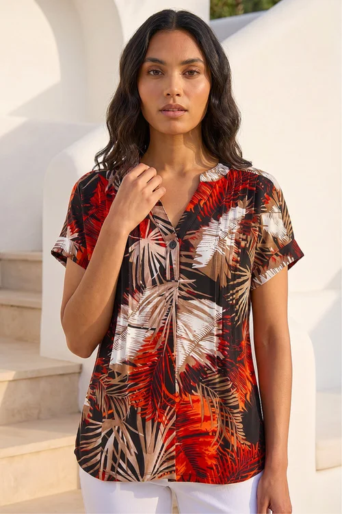 Roman Rust Leaf Print Pintuck Stretch Top - 18 Image 1