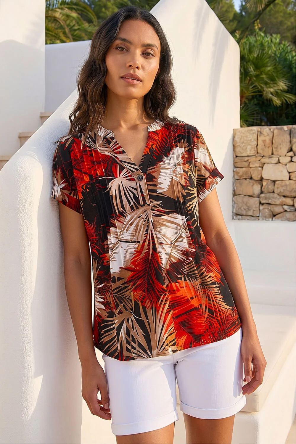 Roman Rust Leaf Print Pintuck Stretch Top - 18 Image 2
