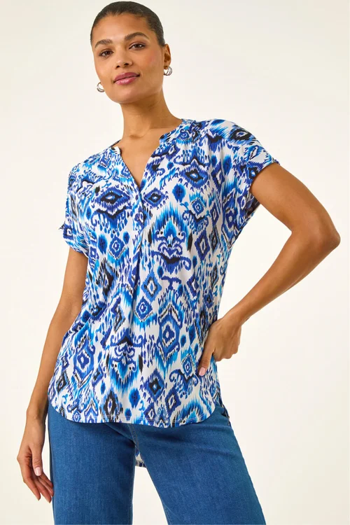 Roman Blue Ikat Print Stretch Top - 18 Image 4