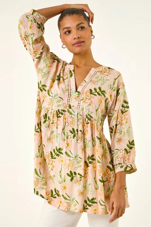 Roman Peach Floral Broderie Trim Tunic Top - 10 Image 1