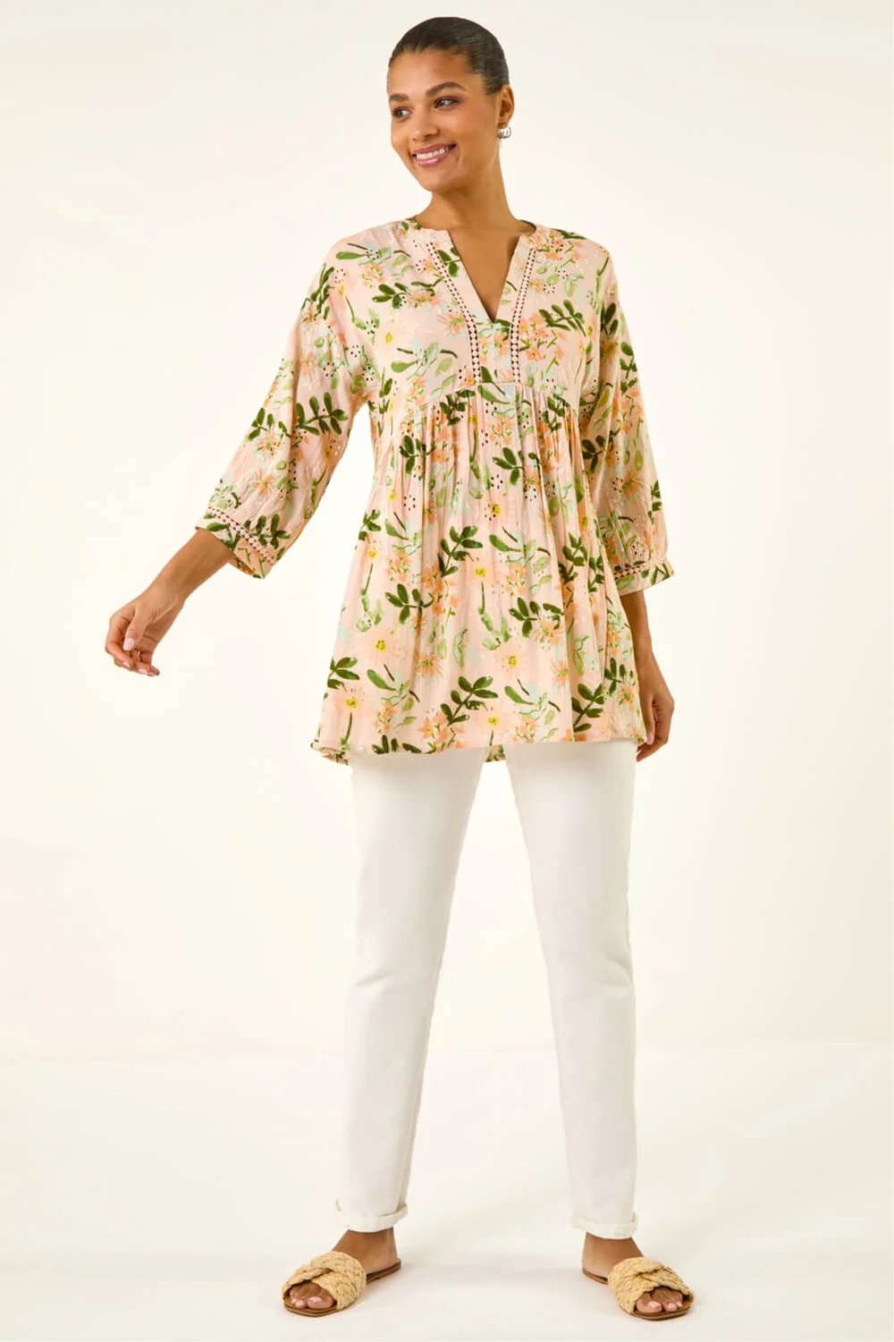 Roman Peach Floral Broderie Trim Tunic Top - 10 Image 2