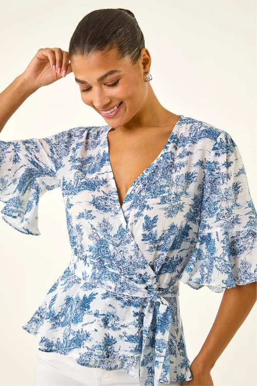 Roman Blue Floral Frill Wrap Top - 12 Image 4
