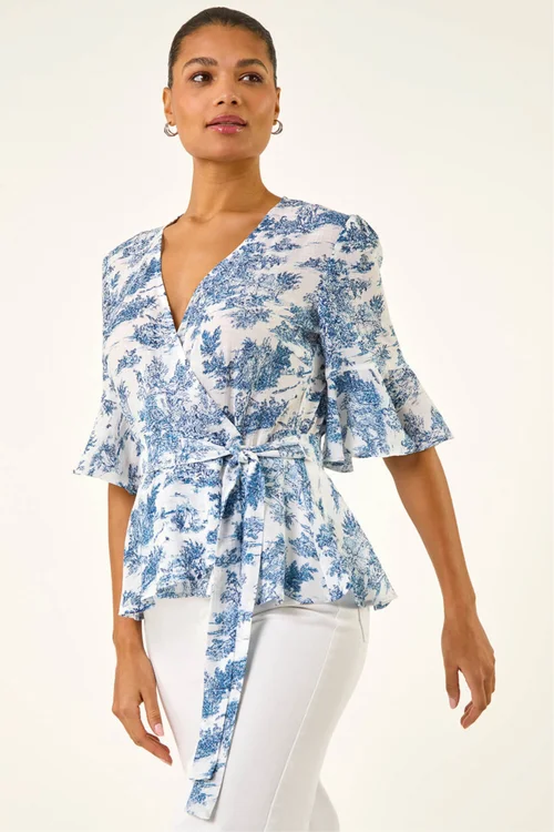 Roman Blue Floral Frill Wrap Top - 12 Image 2